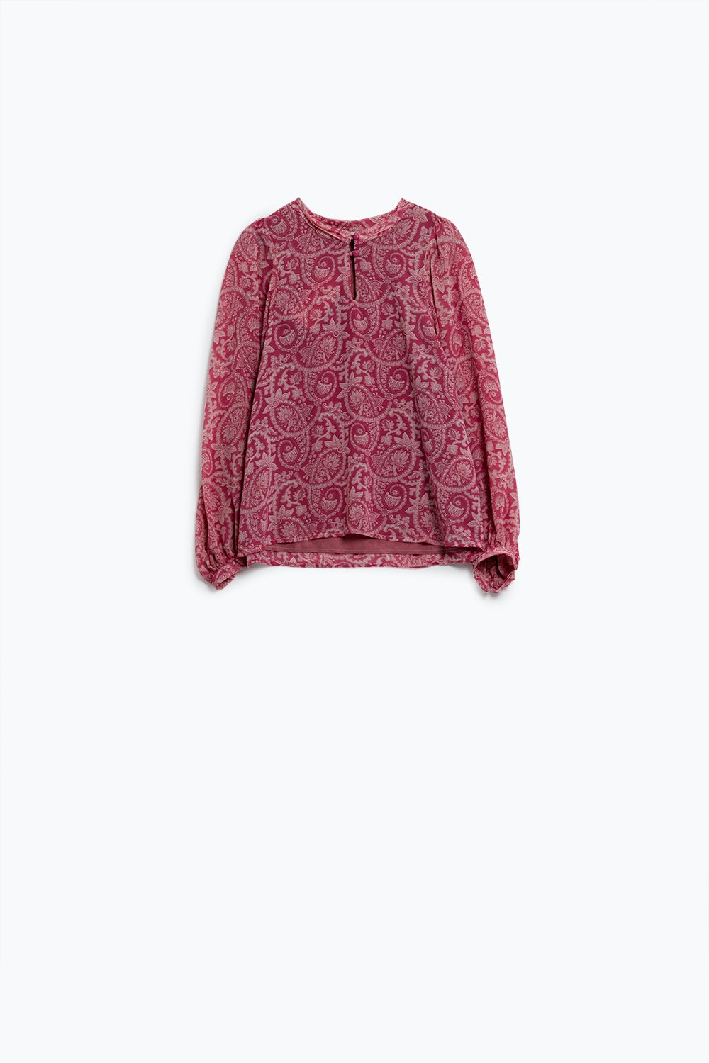 Blusa de gasa rosa con estampado floral y mangas globo largas
