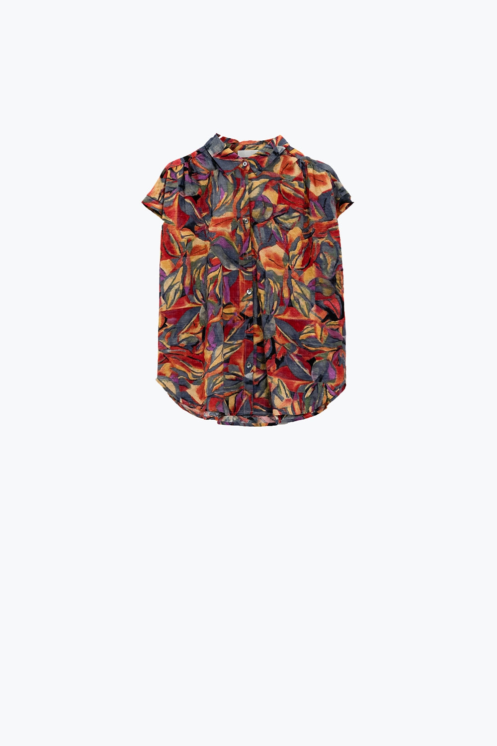 Blusa roja abotonada con estampado de flores multicolor