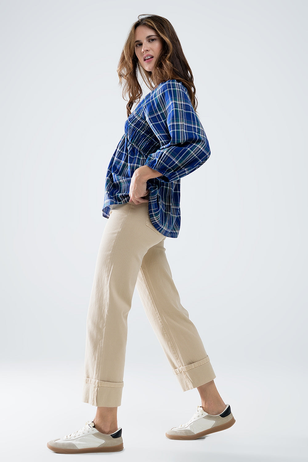 Camisa de cuadros Babydoll en azul y verde