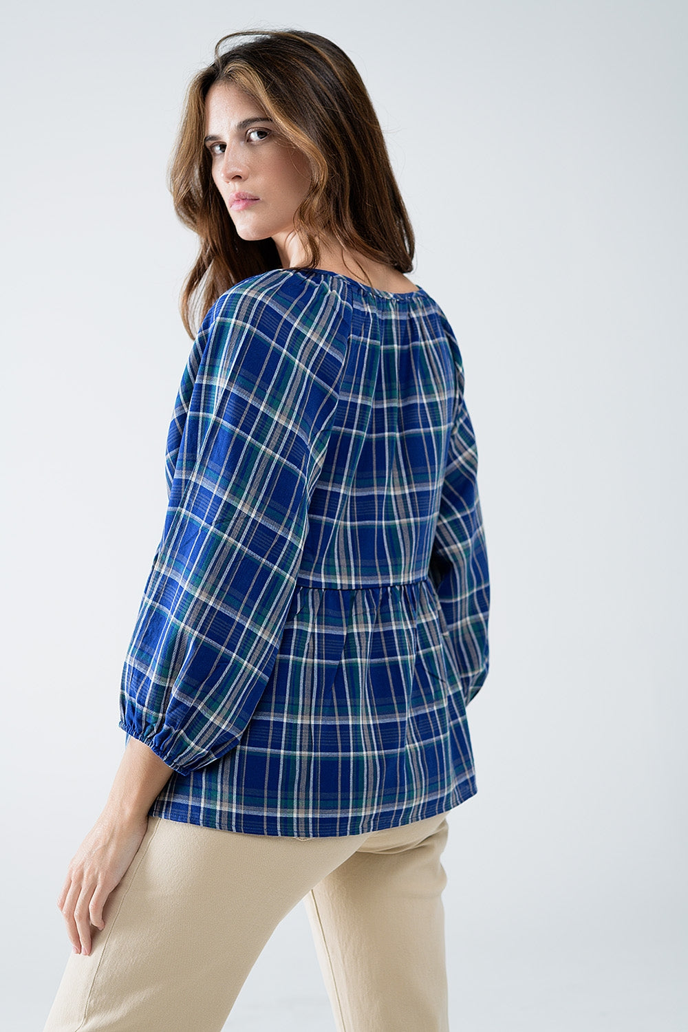 Camisa de cuadros Babydoll en azul y verde