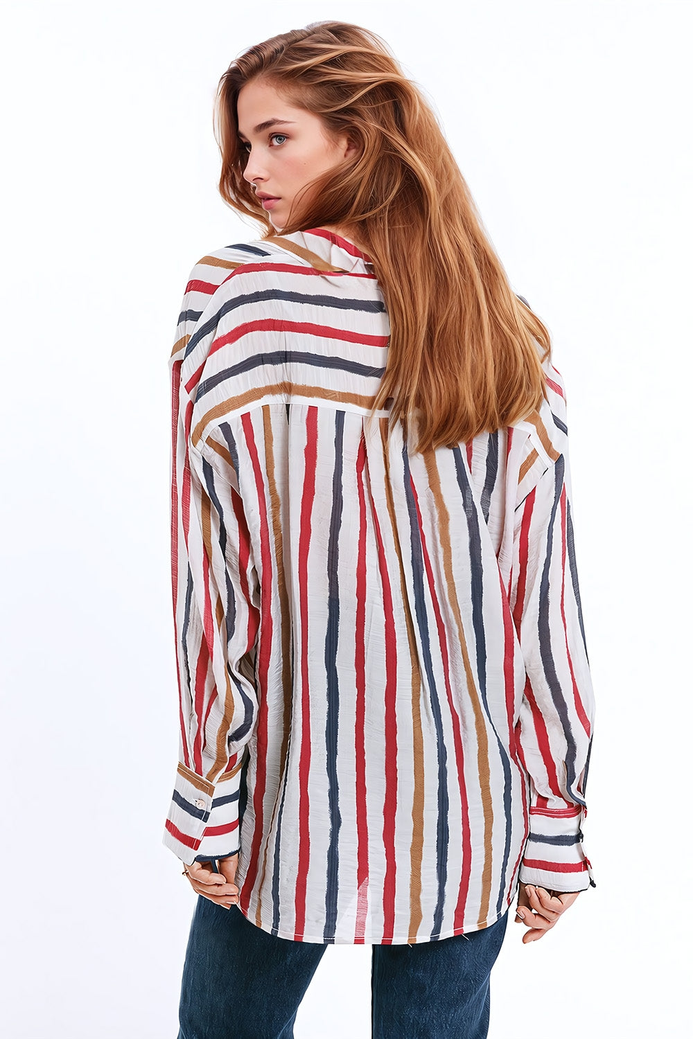 camisa de gasa de manga larga con rayas multicolores rojo y azul marino