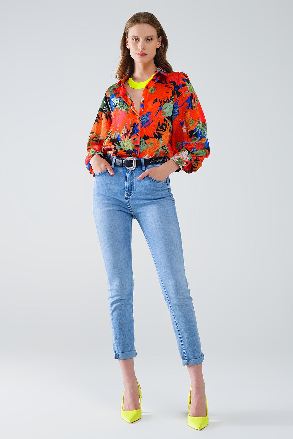 Camisa de gasa Floral con Mangas Globo en Negro