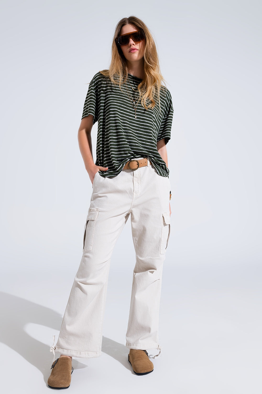 Camiseta de rayas Relaxed con cuello redondo en color caqui