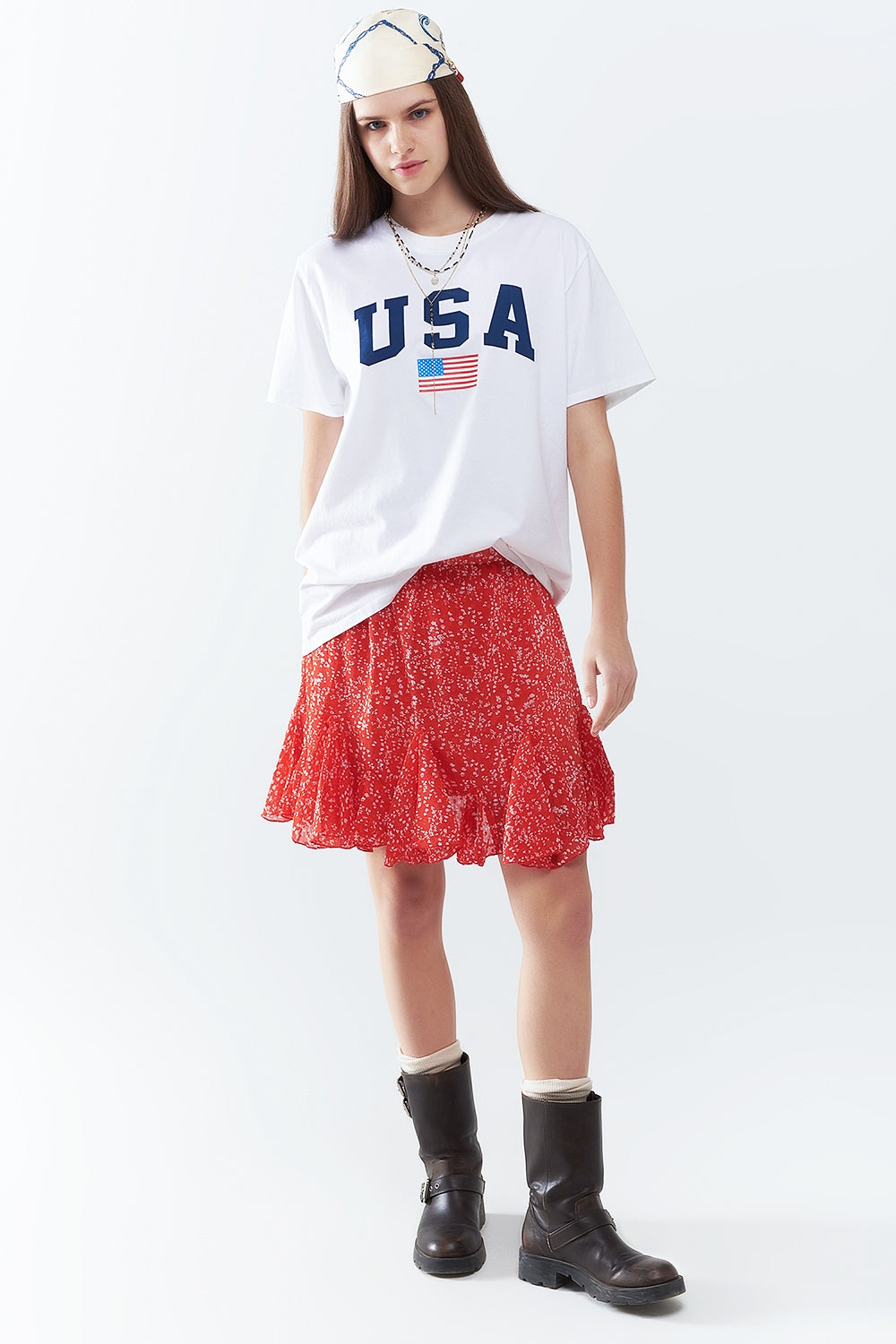 Camiseta larga holgada blanca con logotipo de USA