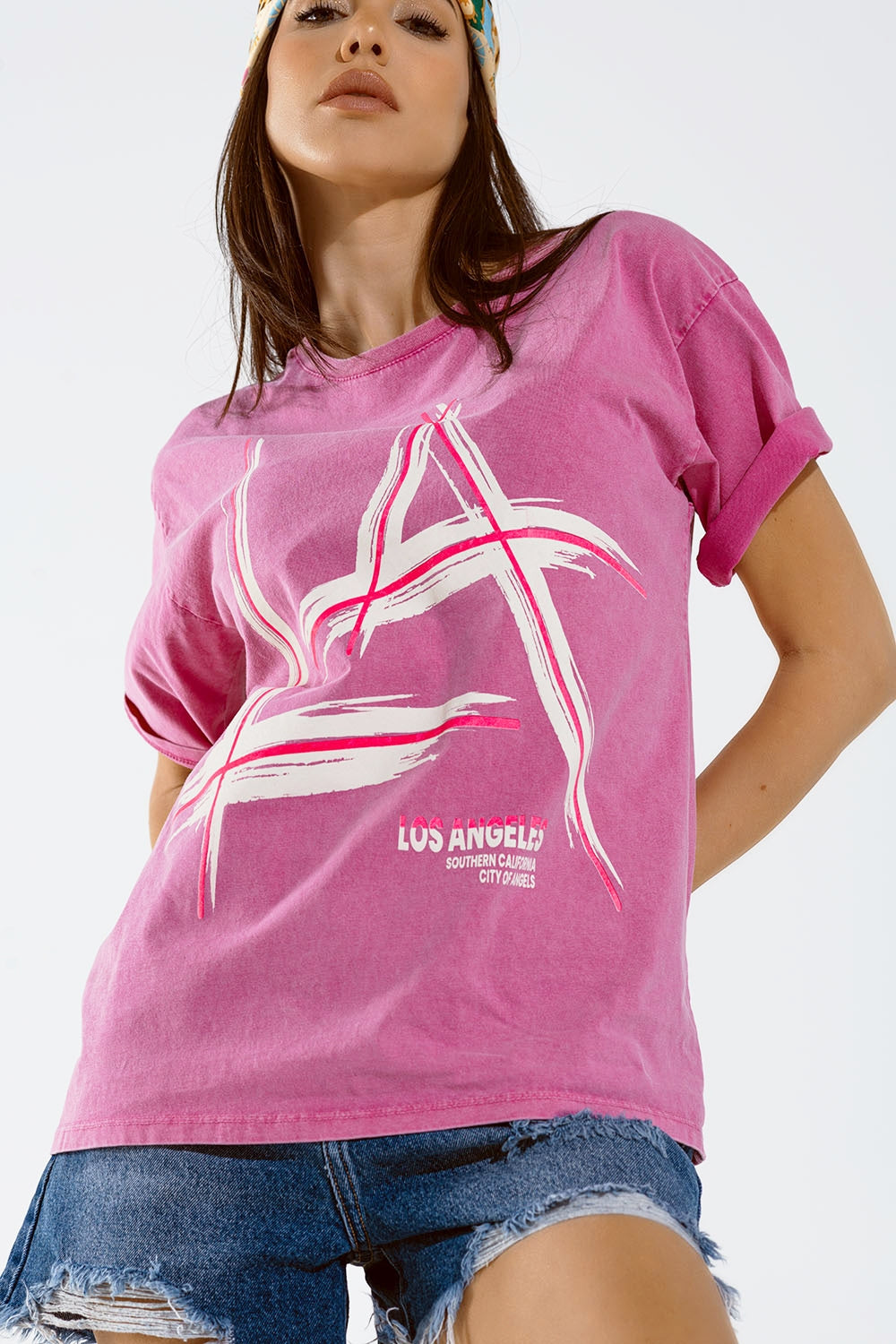 Camiseta oversize fucsia estampada LA Los Angeles en blanco y fucsia