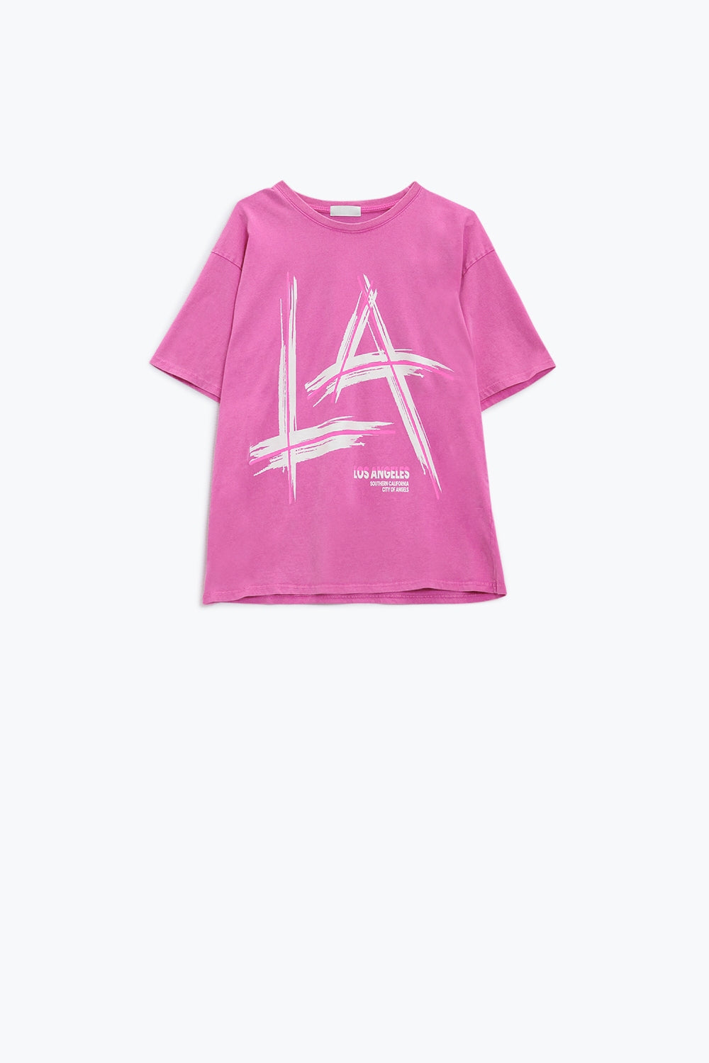 Camiseta oversize fucsia estampada LA Los Angeles en blanco y fucsia