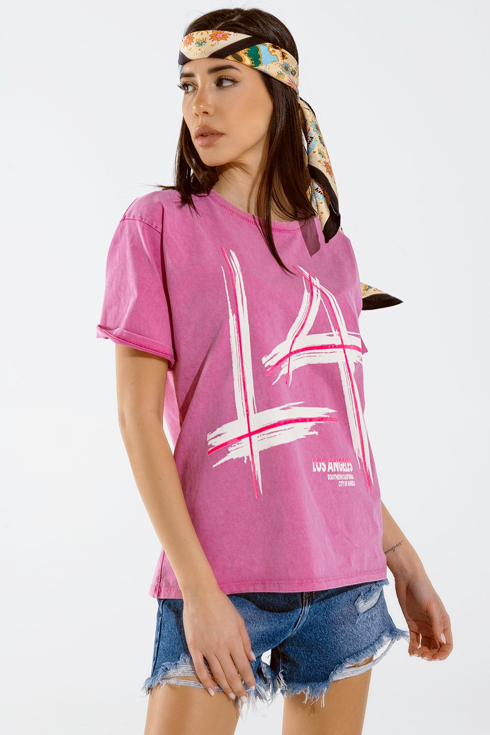 Camiseta oversize fucsia estampada LA Los Angeles en blanco y fucsia