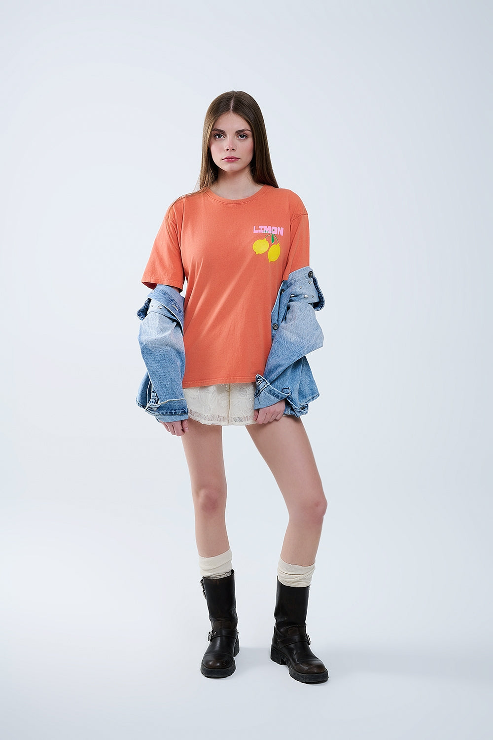 camiseta relajada naranja con estampado de limones