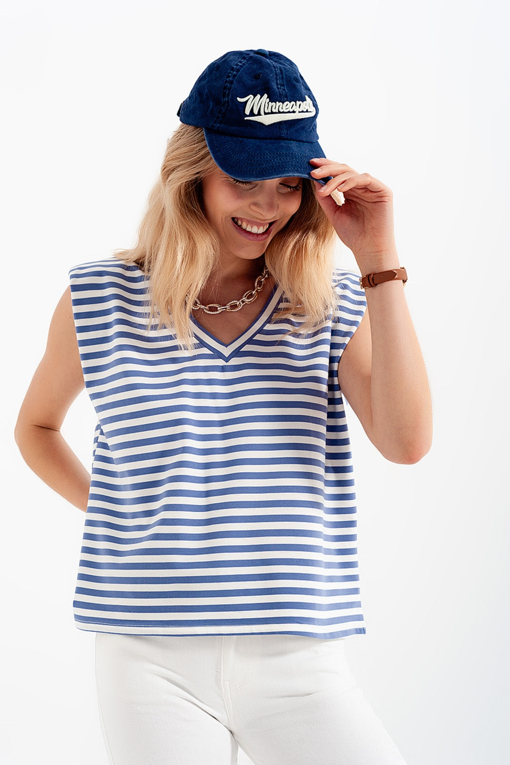 Camiseta sin mangas con hombreras y diseño de rayas en azul
