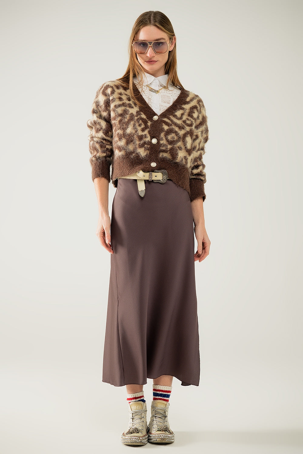 cárdigan con estampado de leopardo y lana en beige
