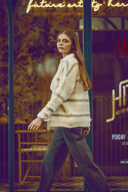 Q2 cárdigan de rayas beige