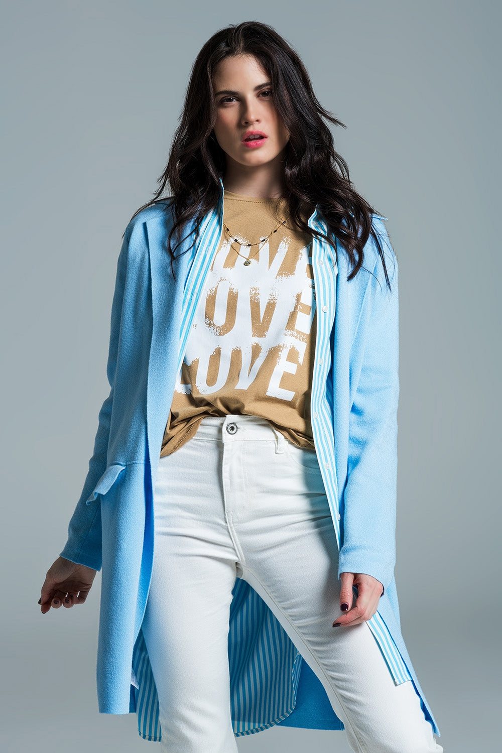 Cárdigan maxi de cuello oversize en azul bebé