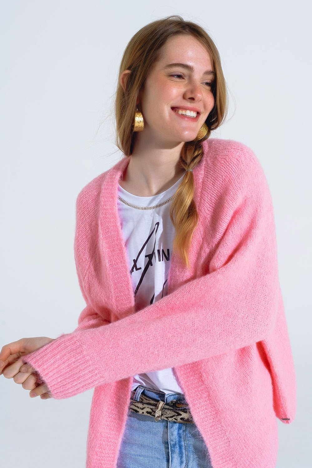 Chaqueta abierta oversize de punto mullido en rosa con canalé en ellos y en los puños