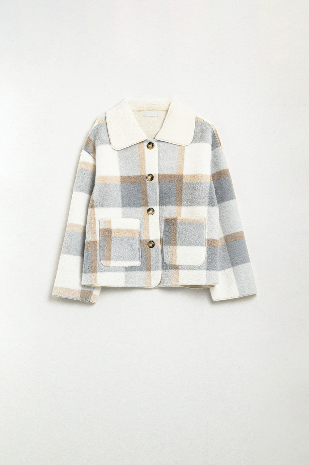 chaqueta de piel con estampado de cuadros azules