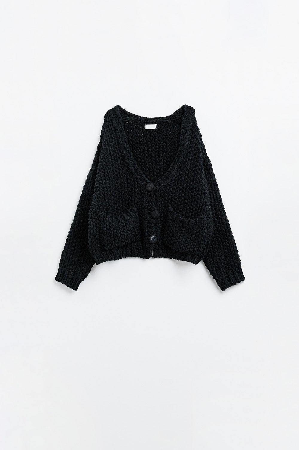 Chaqueta negra oversize de punto grueso con bolsillos