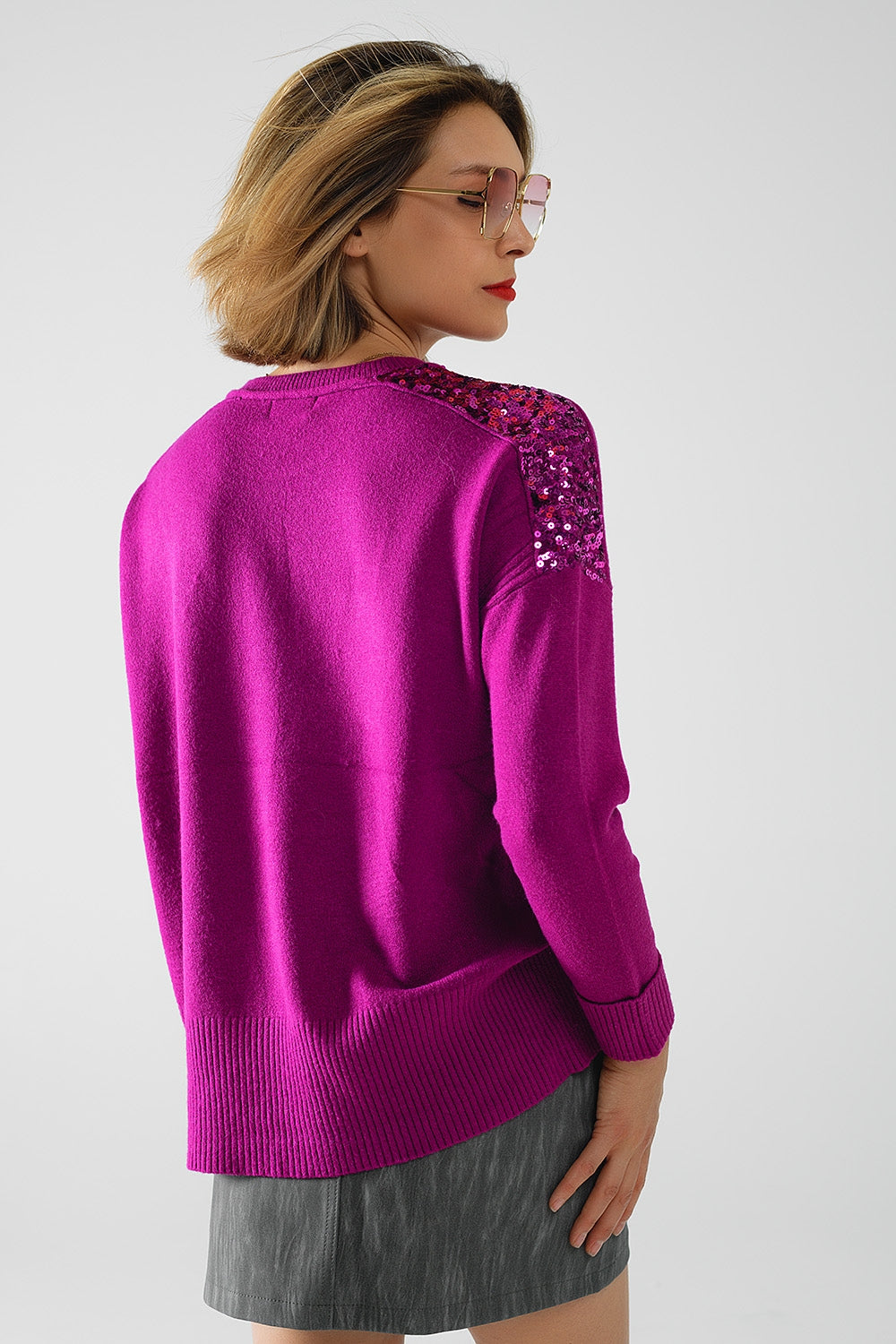 fuchsia Suéter De Mangas Largas Con Lentejuelas En Los Hombros