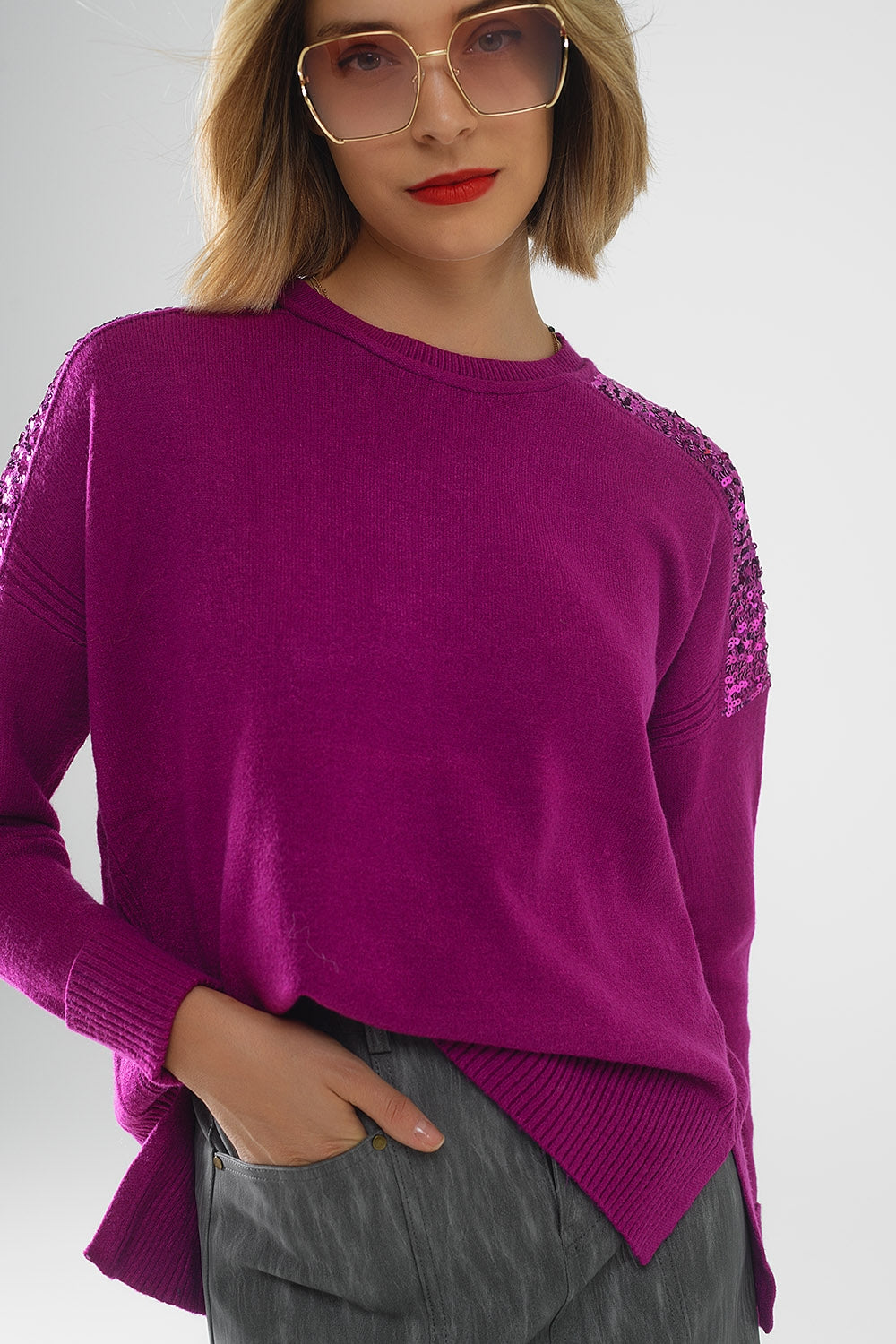 fuchsia Suéter De Mangas Largas Con Lentejuelas En Los Hombros