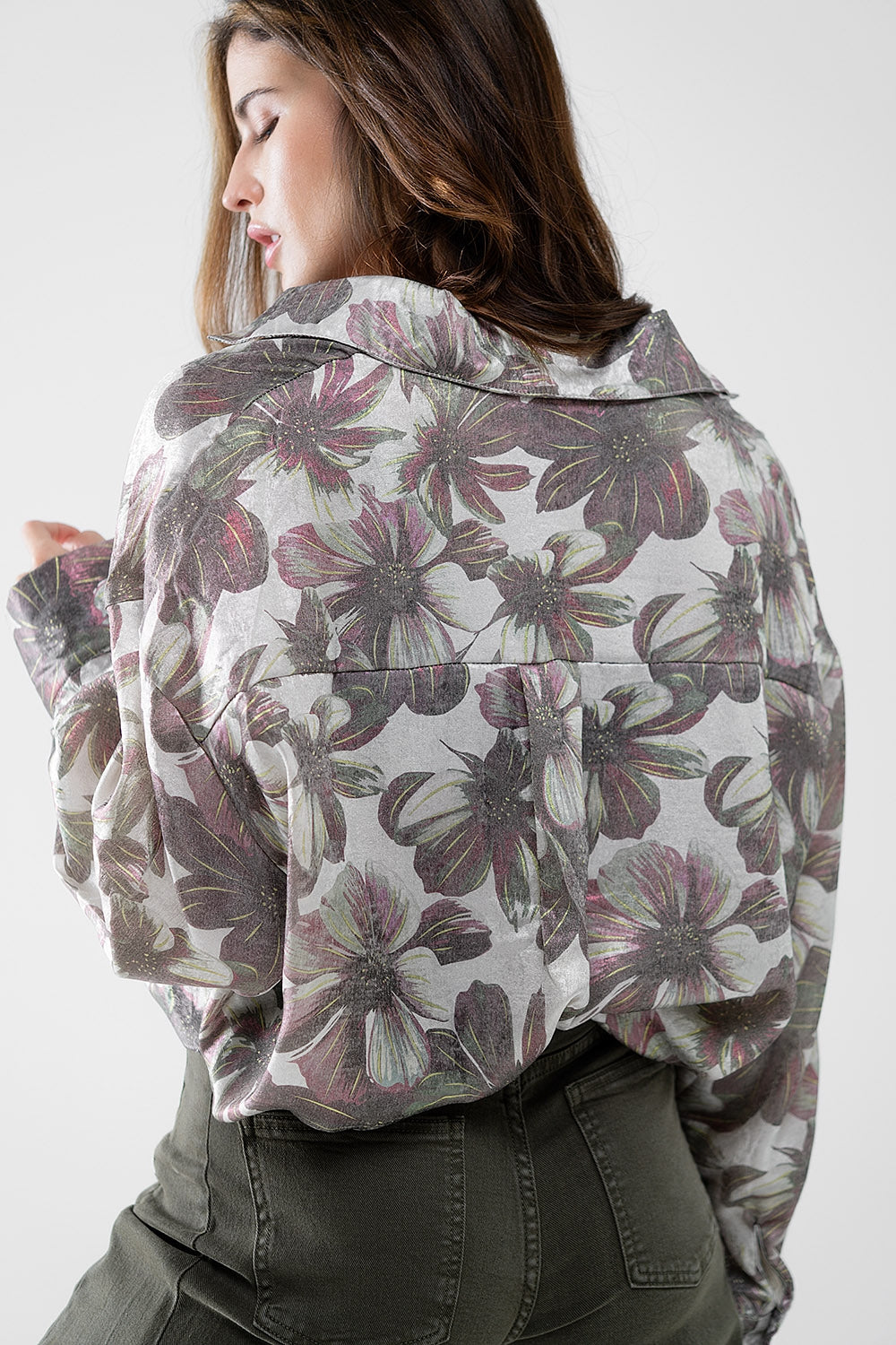 gris Camisa con estampado de flores efecto metalizado