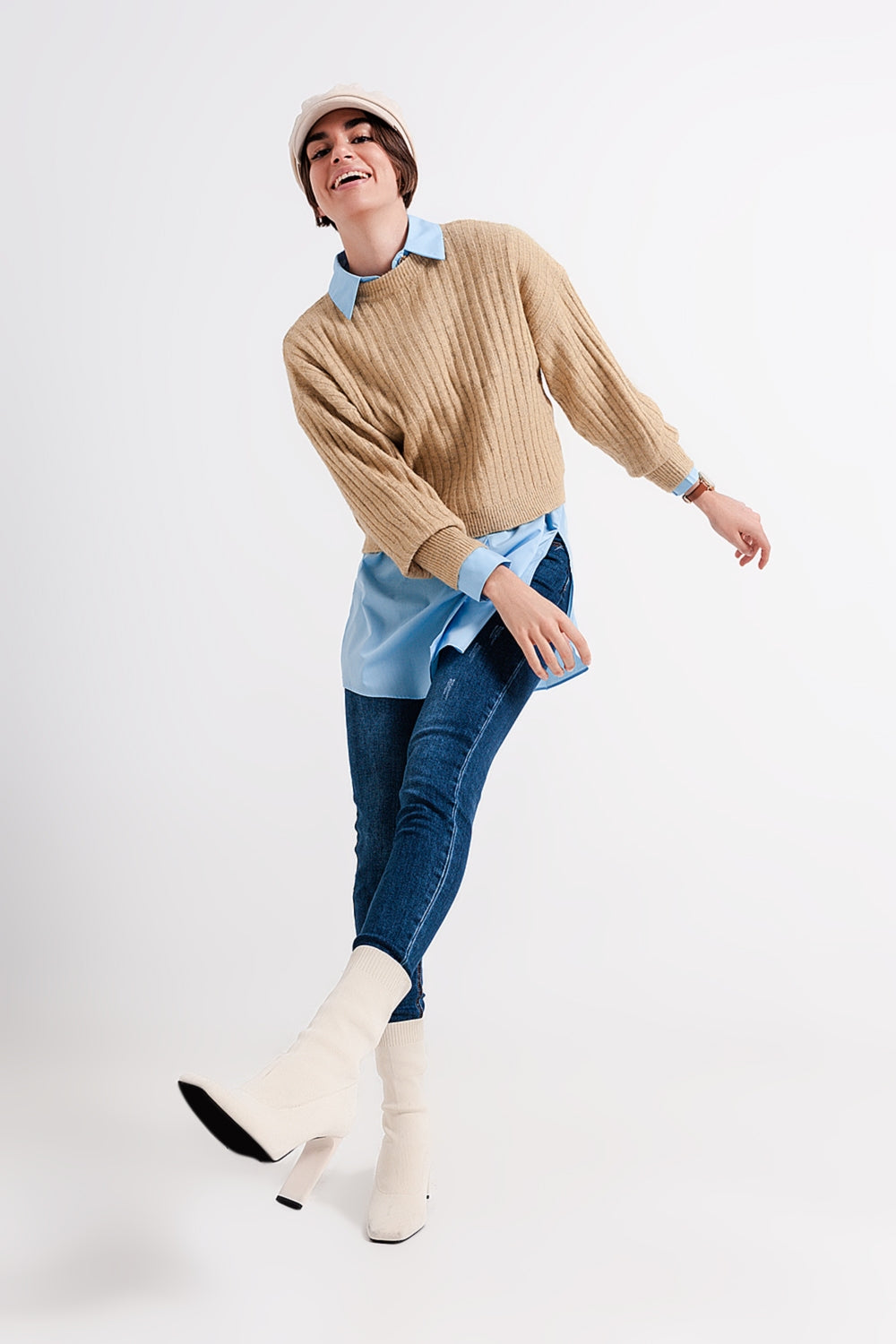 Jersey a rayas de canalé beige