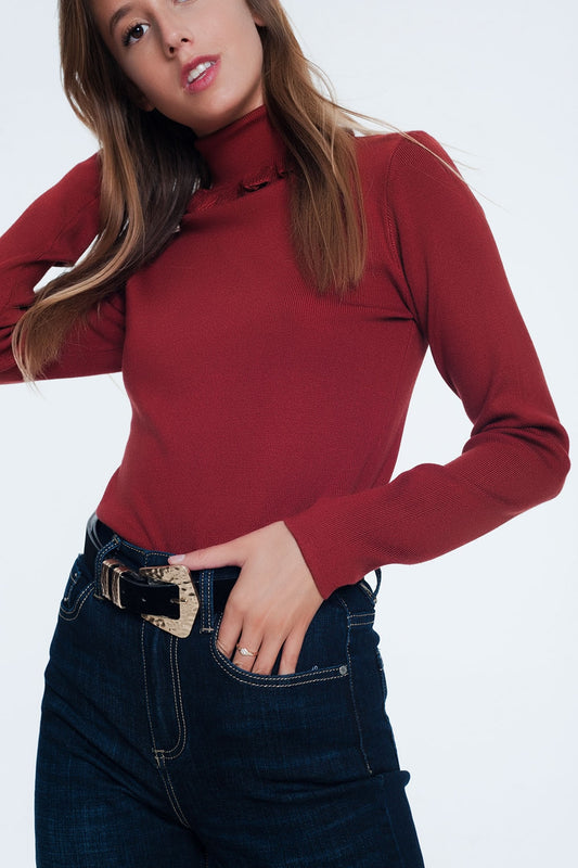 Q2 Jersey de corte slim de canalé con detalle de volante en caldera