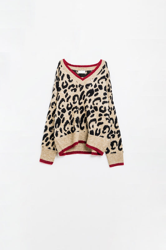 Q2 Jersey de leopardo con cuello en V y detalle de líneas rojas