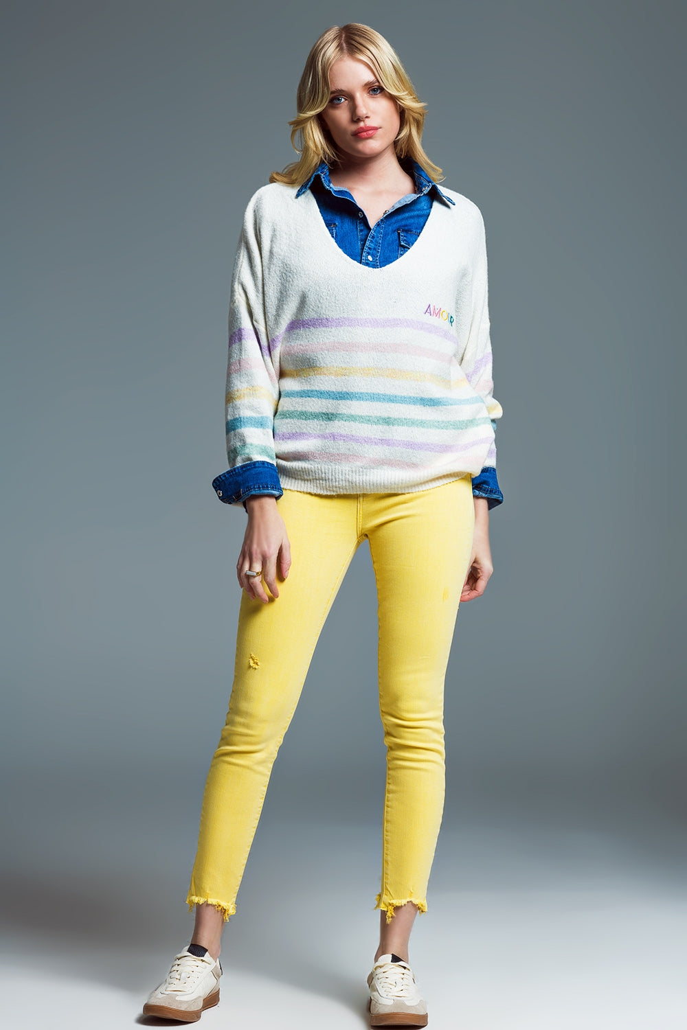 Jersey de rayas en colores pastel y bordado Amour