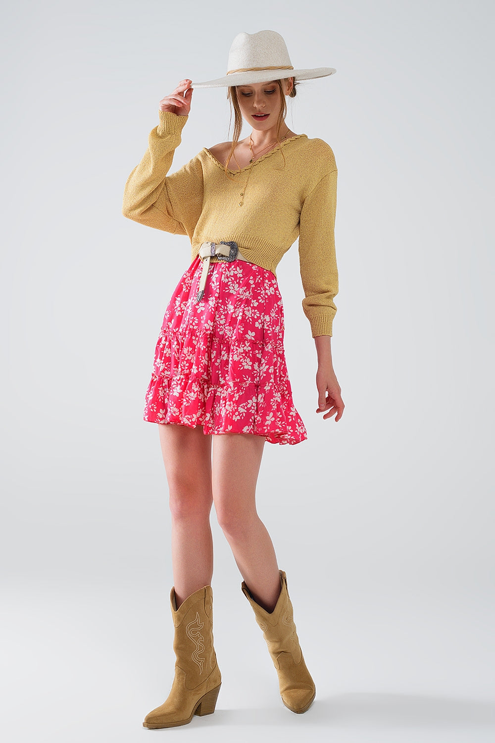 Jersey Ligero Con Cuello En V Ancho Y Detalle Trenzado En Dorado
