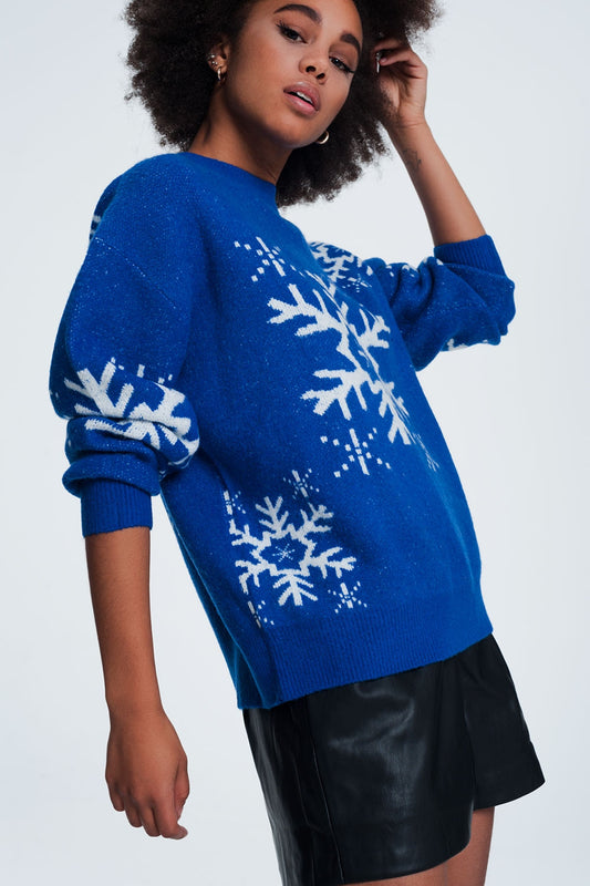 Q2 Jersey navideño con diseño de copos de nieve en color azul