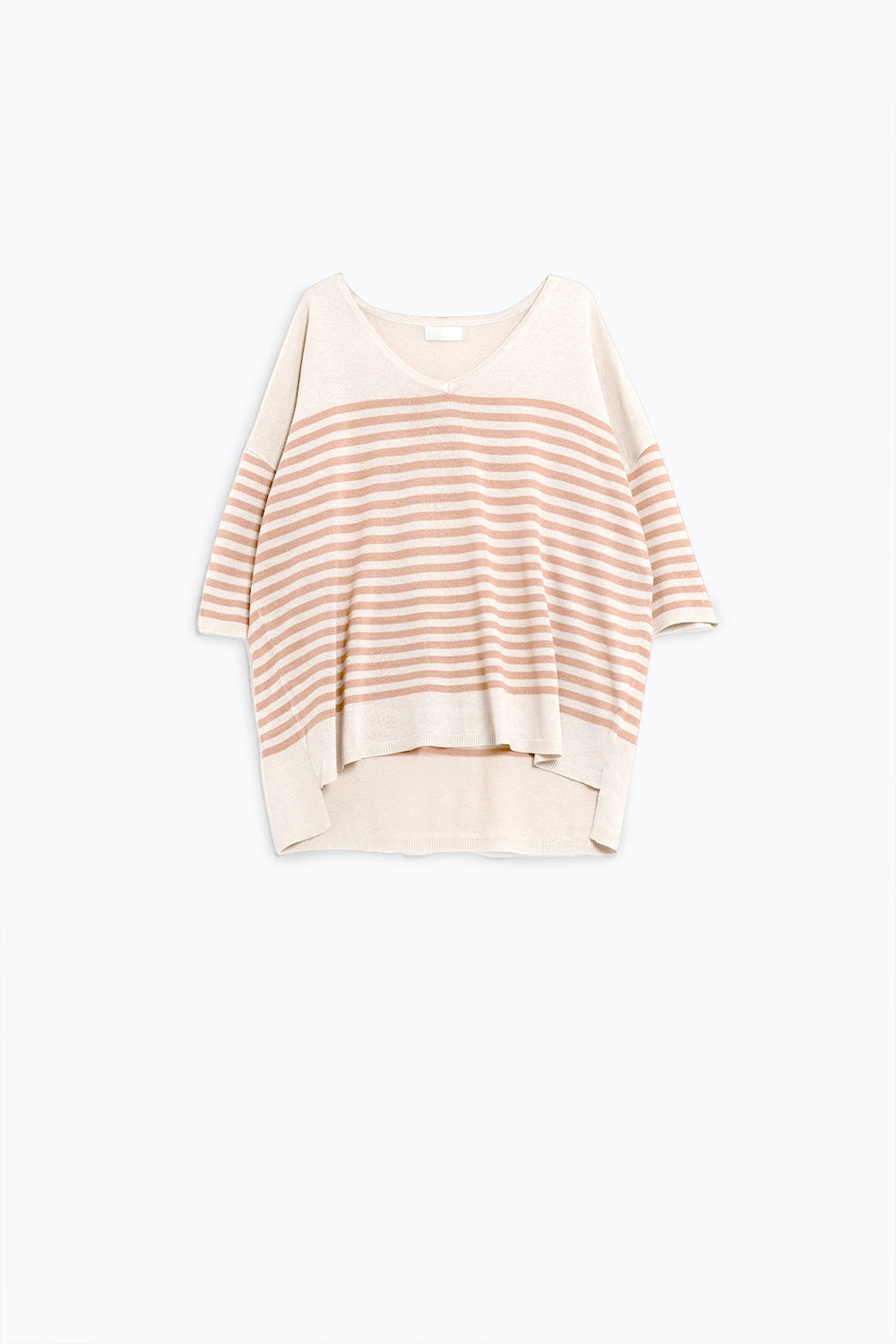 Jersey oversize beige con rayas marrones y cuello de pico