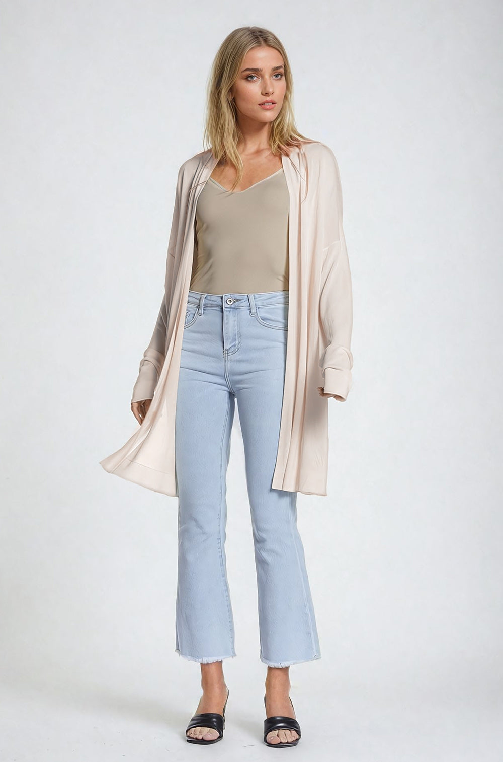 Maxi Cárdigan Beige Abierto Manga Larga