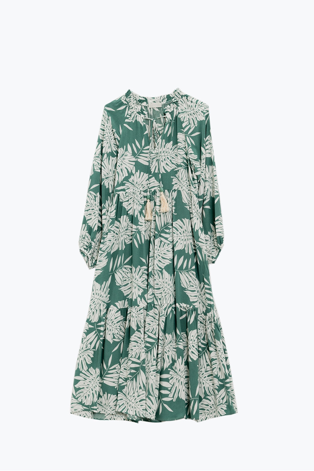 Maxi vestido boho con mangas globo y estampado de hojas en verde