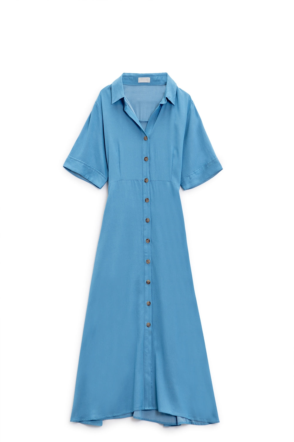 Maxi Vestido Camisero Azul Con Cuello Polo