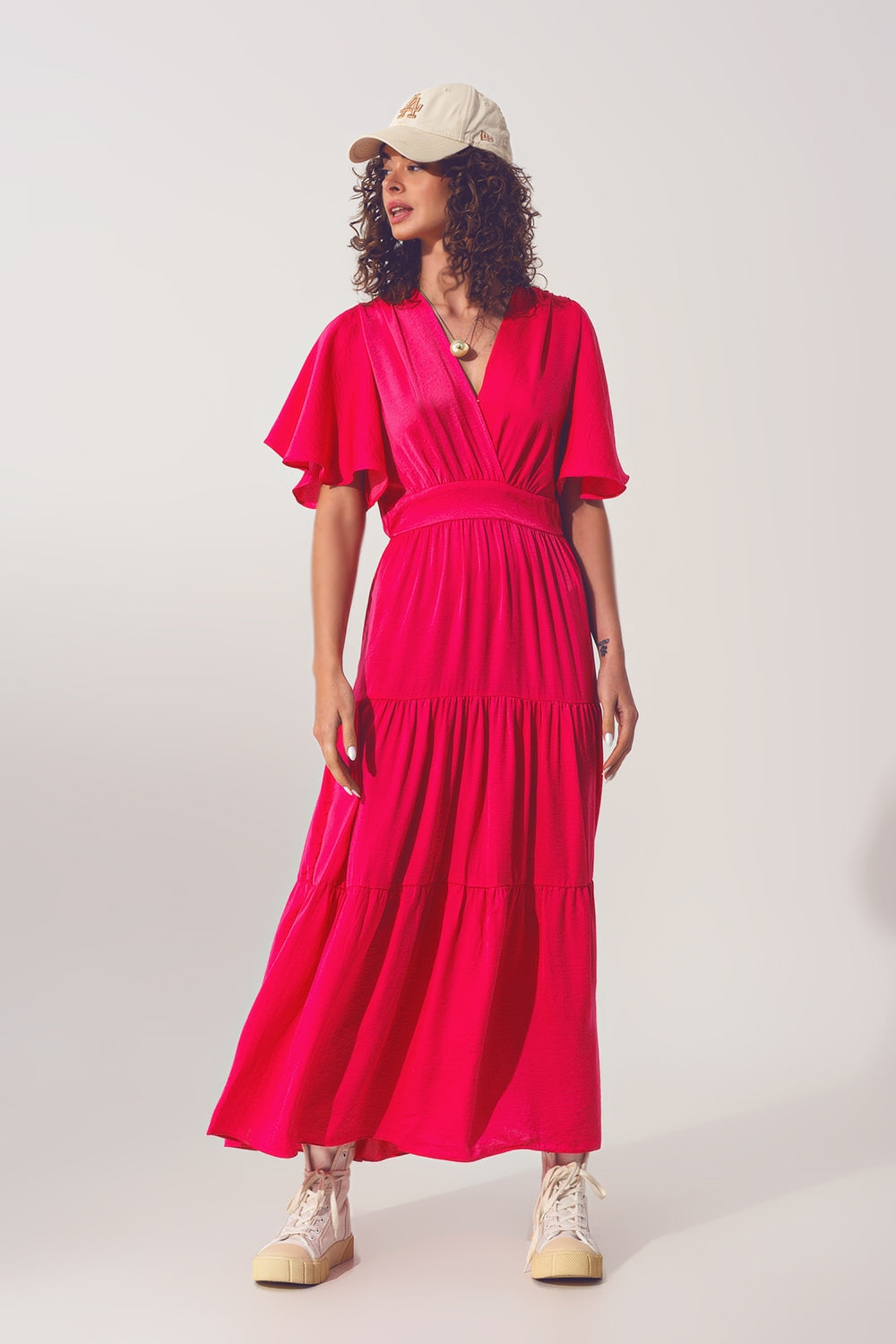 Maxi Vestido Smock Cuello en V fucsia