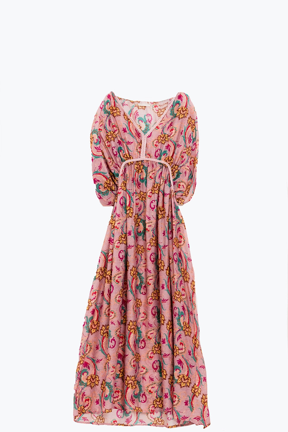 Maxivestido rosa con costuras trenzadas y estampado de flores