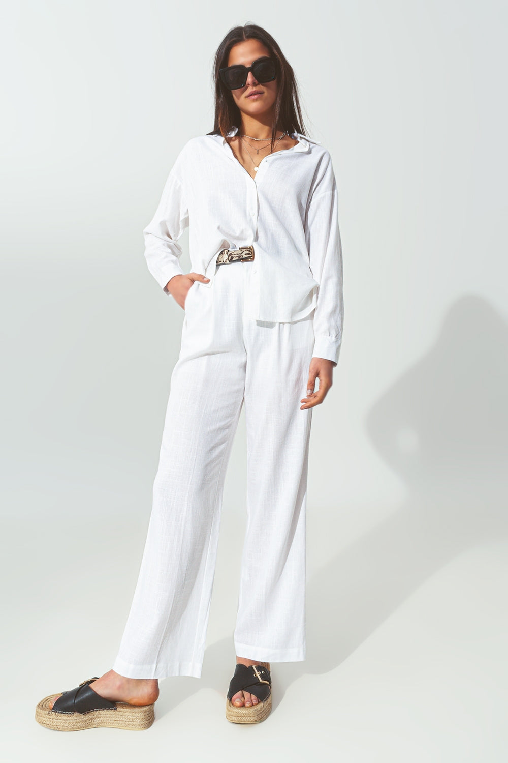 pantalón ancho de pinzas tejido algodon ligero en Blanco