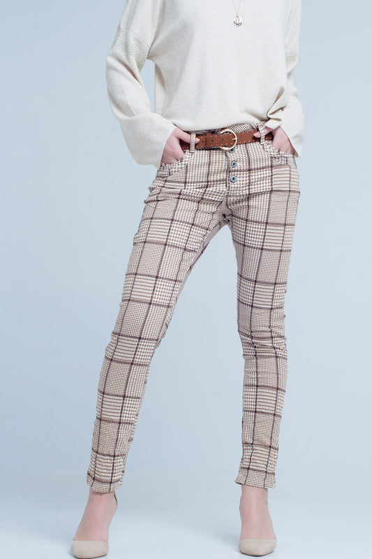 Q2 Pantalon de cuadros en beige con botones