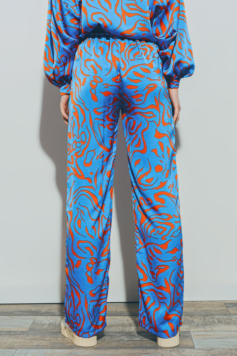 Pantalón de Raso con Cintura Elástica en Azul