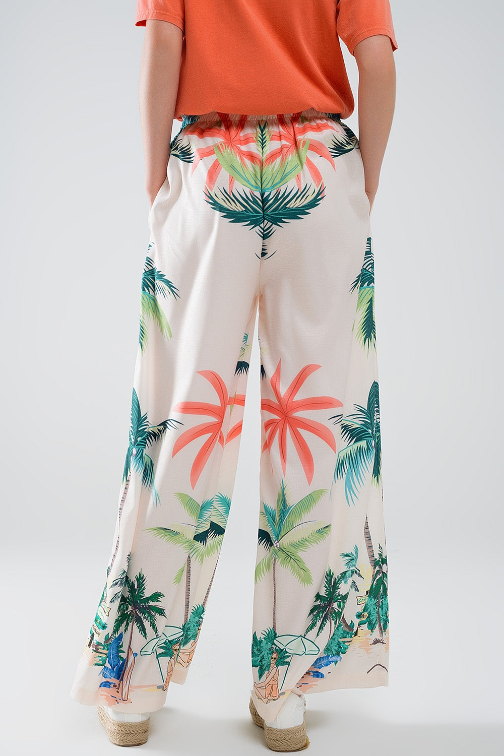 Pantalón recto crema con estampado playero y cintura elástica