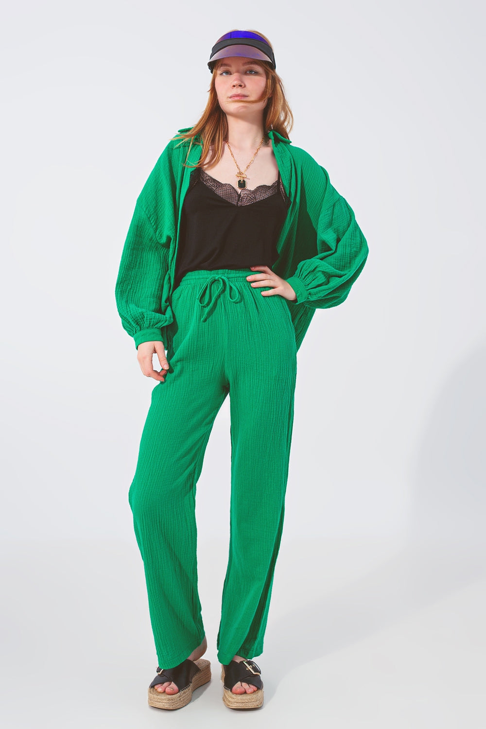 Pantalón Texturizado de Corte Holgado en Verde