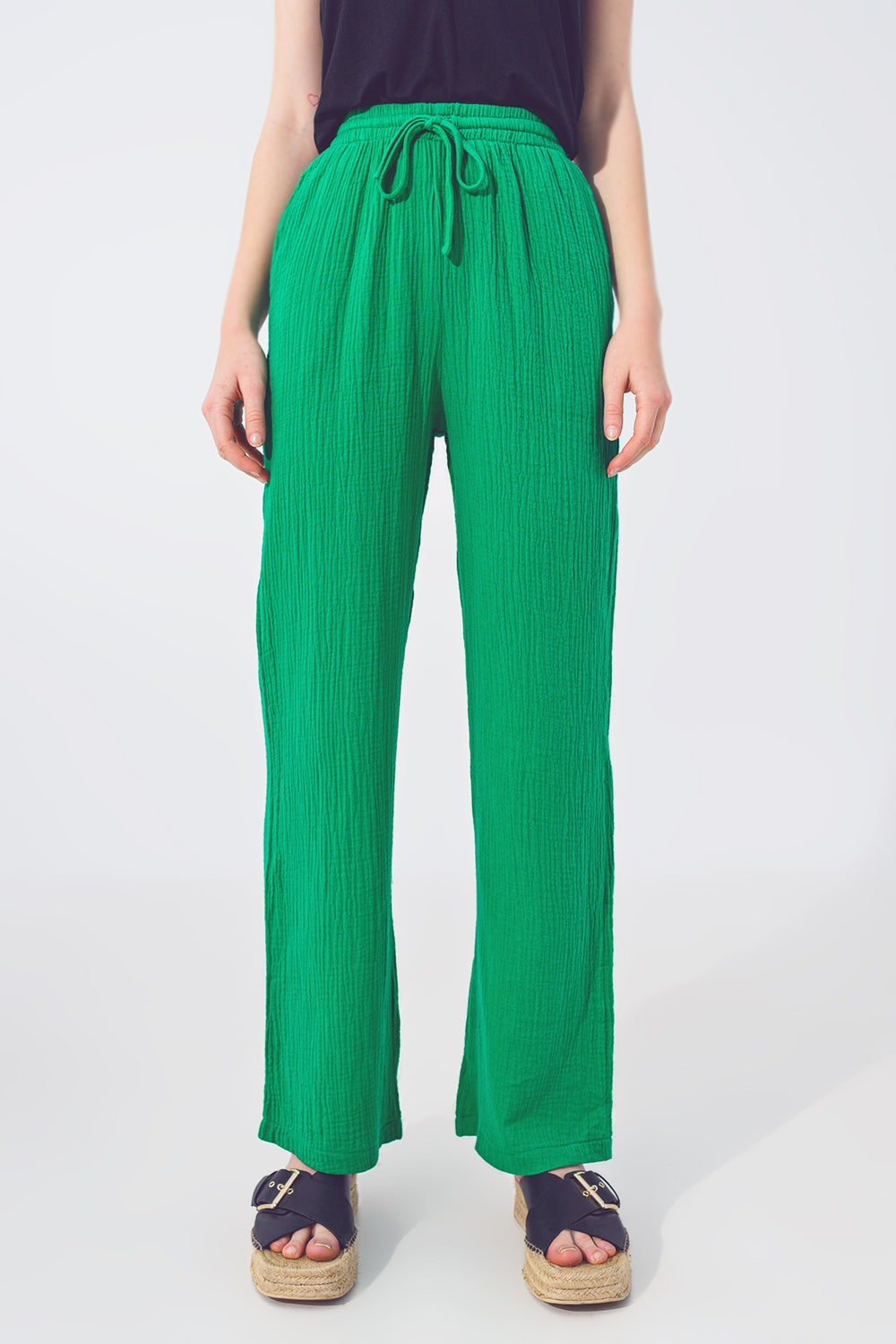 Pantalón Texturizado de Corte Holgado en Verde
