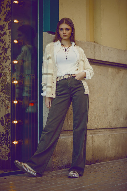 Q2 Pantalón verde militar de talle alto y pierna ancha