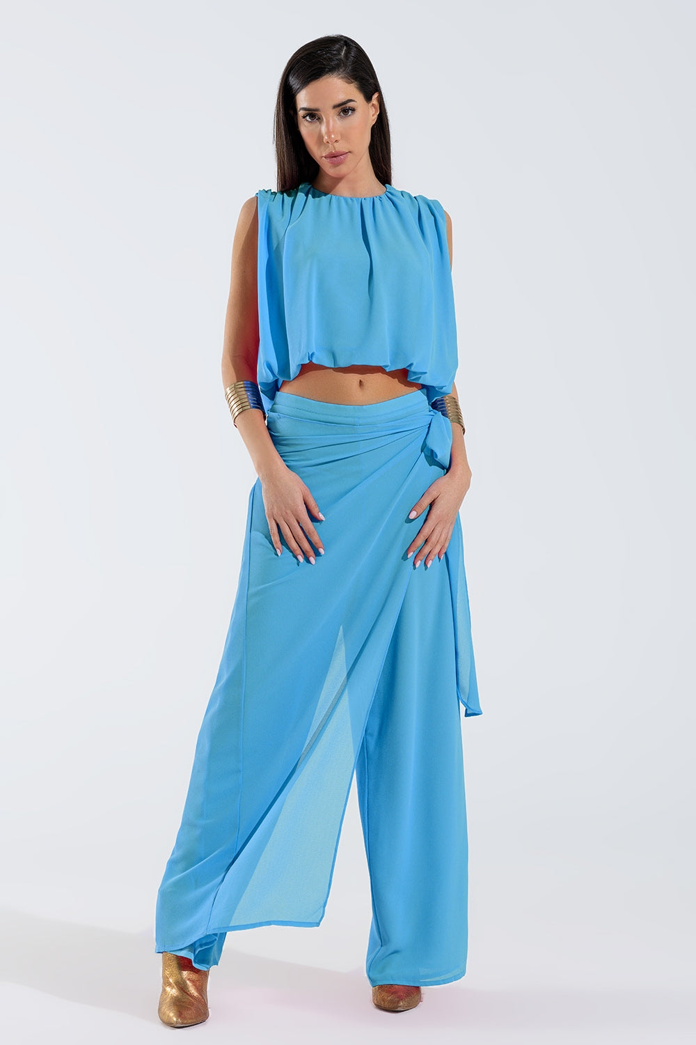Pantalones anchos azul claro Falda superpuesta atada a un lado