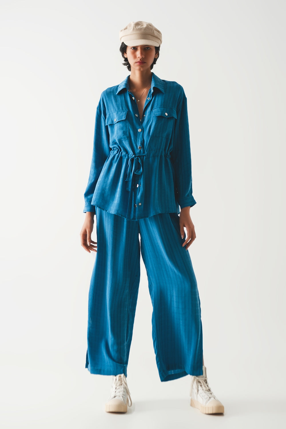 Pantalones anchos cintura elastica en azul