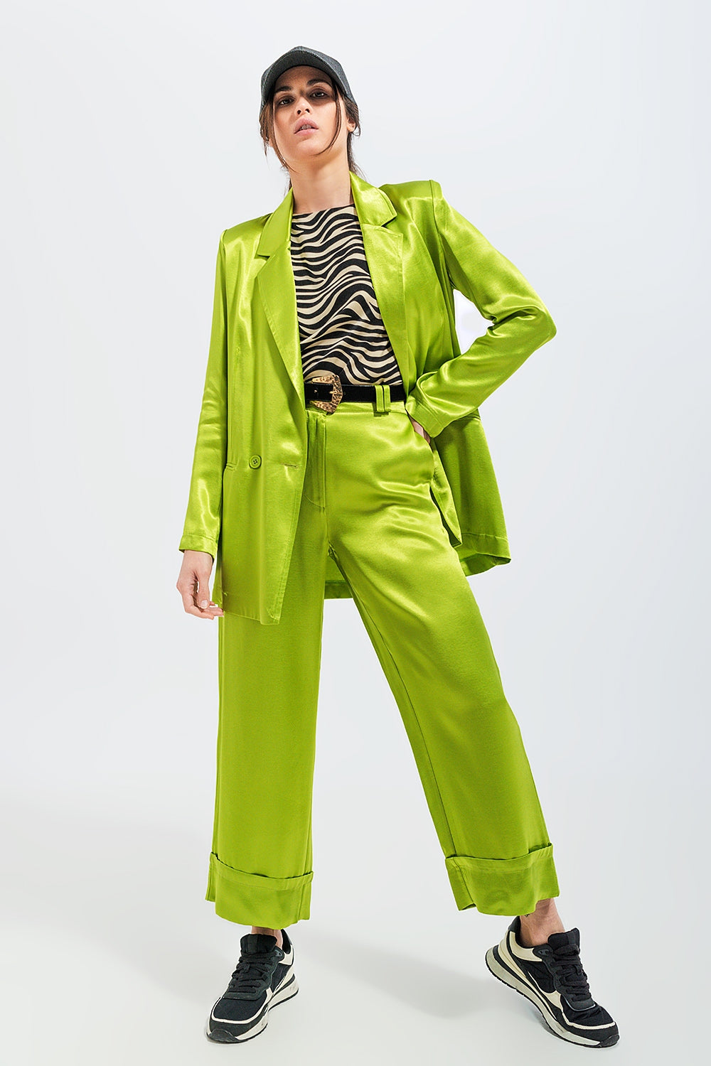 Pantalones de traje de pernera ancha de satén verdes