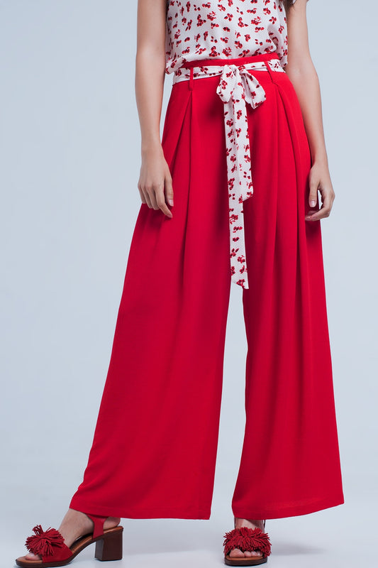 Q2 Pantalones rojos plisados de pernera ancha con lazada en la cintura
