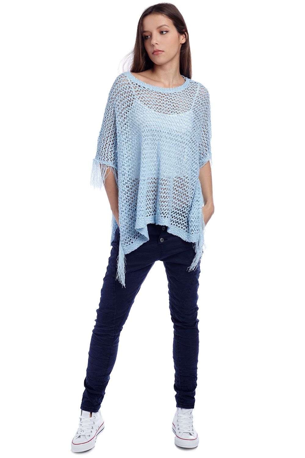 Poncho capa con flecos azul