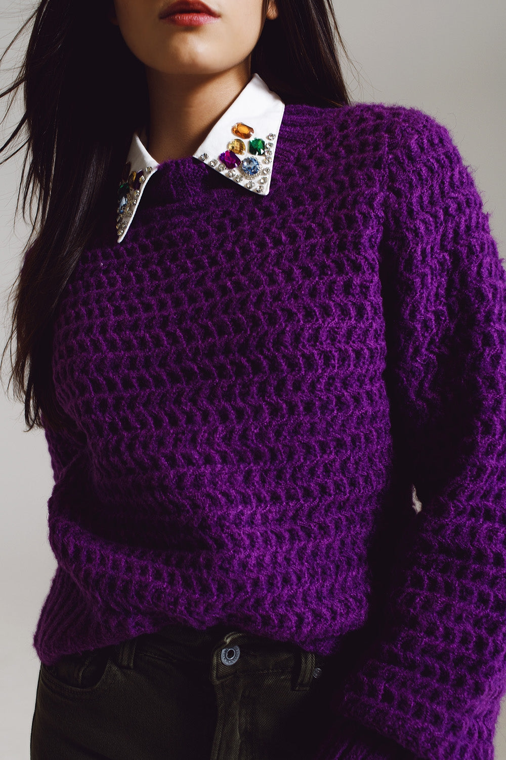 Suéter holgado de punto gofre con cuello alto en color morado