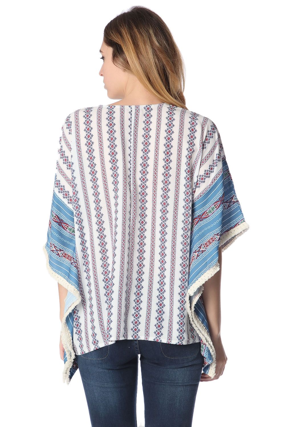 Top extragrande estilo poncho con estampado tribal azul