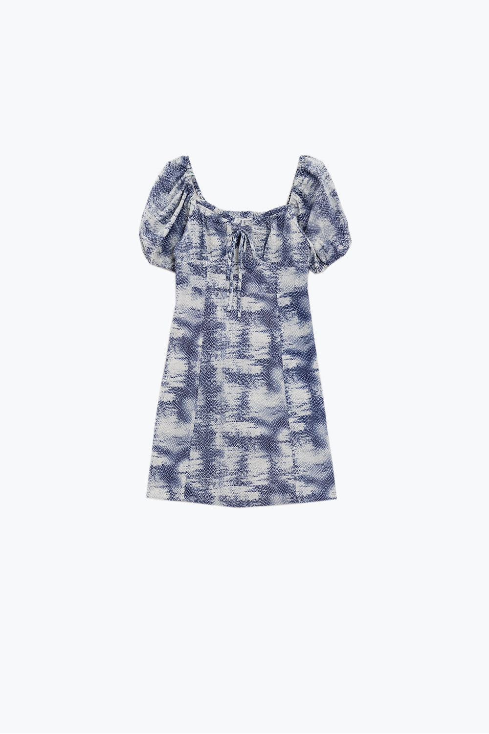 Vestido corto con mangas abullonadas en estampado abstracto azul y blanco