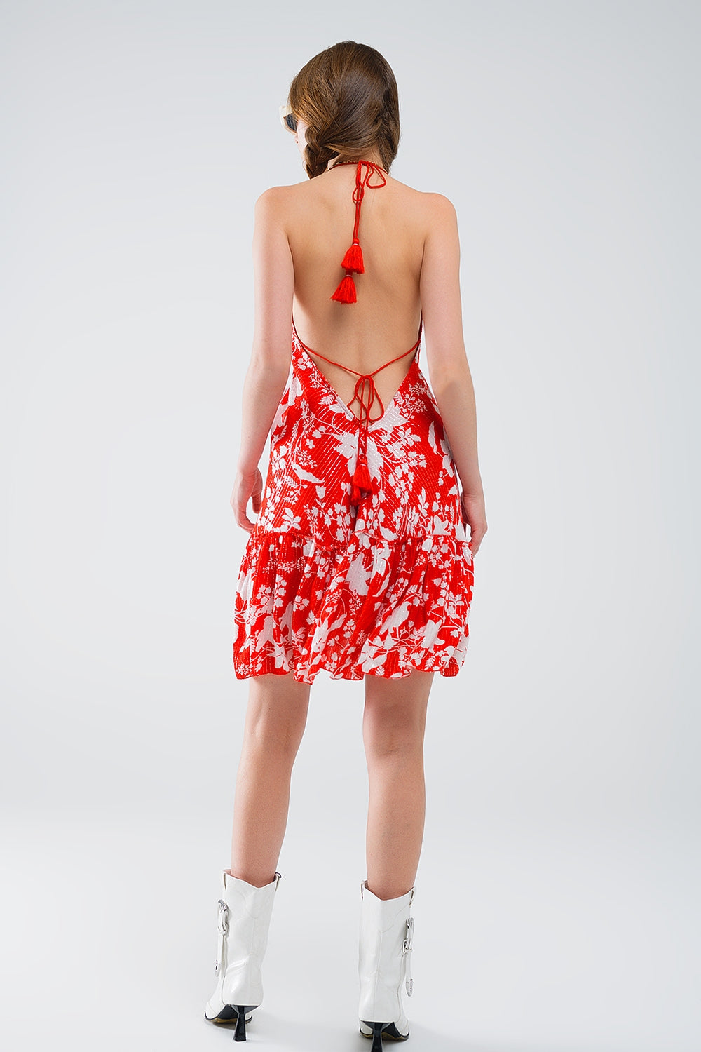 Vestido corto rojo con estampado floral boho con detalle de lurex
